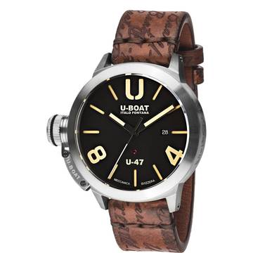 U-Boat Classico U-47 Stahl 47mm ZB schwarz handgefertigtes Lederband braun im used Look 10 ATM Full Set neu