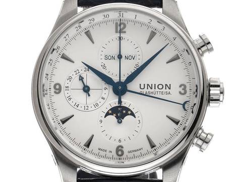  Union Glashütte Belisar Chronograph Ref.D009425A 2021 Full Set wie Neu Vintage Belisar Chronograph Vollkalender Mondphase Krokoleder Faltschließe 