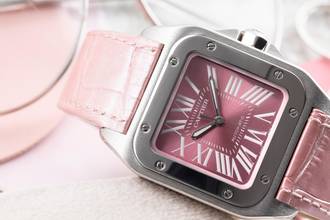 Thumbnail von Cartier Santos 100 Pink Dial Stahl Automatik Damenuhr Ref. W20133X8 B&P 2014
