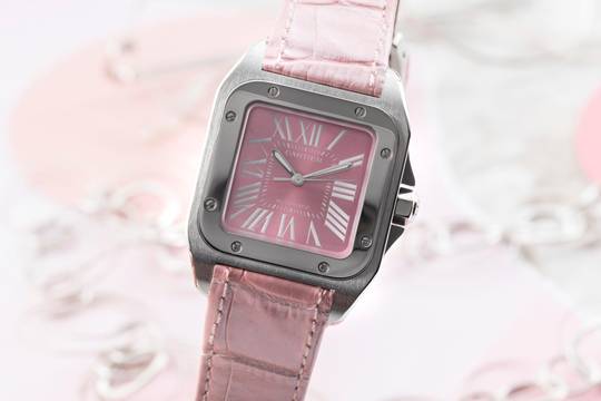  Cartier Santos 100 Pink Dial Stahl Automatik Damenuhr Ref. W20133X8 B&P 2014 