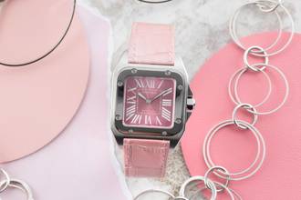 Thumbnail von Cartier Santos 100 Pink Dial Stahl Automatik Damenuhr Ref. W20133X8 B&P 2014