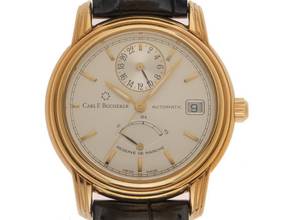 Carl F. Bucherer アルキメデス GMT パワーリザーブ Ref.10.021 年代1996 オリジナルボックス オリジナルビンテージ 未研磨 アルキメデス GMT パワーリザーブ 18金イエローゴールド クロコダイルレザー フォールディングクラスプ 81g