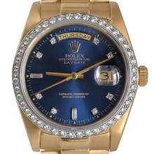 Thumbnail von Rolex Day-Date 18038 President Factory soleil blue dial diamonds gold 18KT Full Set