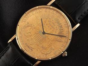 Thumbnail von Corum coin watch Twenty Dollar Double Eagle Year 1988 original box original vintage unpolished coin watch 20 dollars 18kt yellow gold manual winding