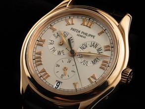 Thumbnail von Patek Philippe Annual Calendar Ref.5035J-013 Year 1998 Full Set original Vintage Unpolished Annual Calendar 18kt Rose Gold Crocodile Leather Folding Clasp