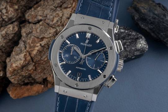 Hublot Classic Fusion 45 Blue Chronograph Titan Ref. 521.NX.7170.LR B&P 2021